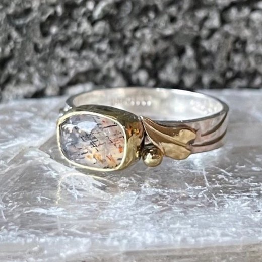Textured Leaf Ring - Rainbow Lattice Sunstone, 18k gold, sterling silver , ring