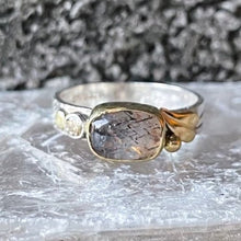 Load image into Gallery viewer, Textured Leaf Ring - Rainbow Lattice Sunstone, 18k gold, sterling silver , ring
