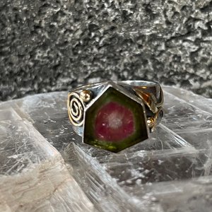 Watermelon Tourmaline Shield Ring, Statement ring, statement jewelry, 18k gold, sterling silver , purple gem