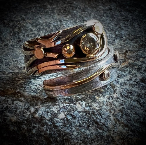 Wrap ring-adjustable/champagne diamond, sterling silver , 18k gold , purple gem