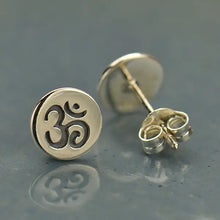 Load image into Gallery viewer, Sterling Silver Stud Earrings - Etched Om on Disk 8x8mm
