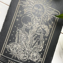 Load image into Gallery viewer, This stunning slate trivet will bring magic to any kitchen. It measures 8&quot; by 12&quot; and features an engraved Lovers tarot card.   • Made in United States • Weight: 2.19 lb
