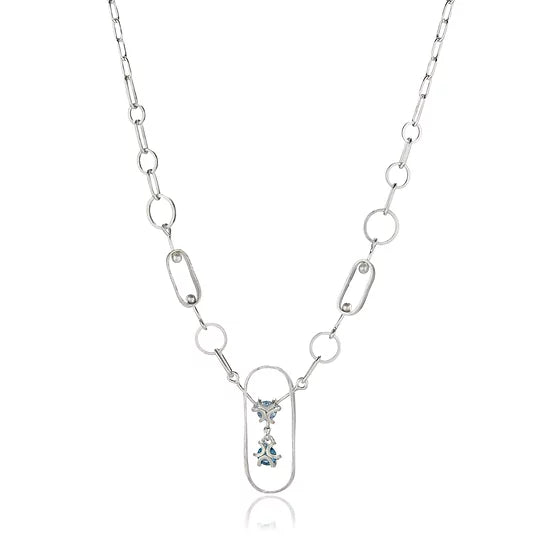 Lightweight, flexible and long, this necklace makes a statement yet is very comfortable!  Satin fused finish with handmade chain, this necklace has a lot of different design elements that come together into a unique contemporary design based on an ancient shape.  Aquamarine and Blue Zircon, 22