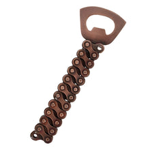 Load image into Gallery viewer, Bike Chain bottle opener. Recycled iron bicycle chain - 6.25L (at the longest point) x 1.75W (at the widest point) inches
