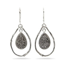 Load image into Gallery viewer, Heavenly stones sparkle and shine from the center of these druzy stone earrings. Dare to stare directly into the bezel set stones and you may find them so captivating that it will be hard to look away.  These nature inspired earrings use willow branch molds to create the fine sterling silver branches of the outer layer, making the earthly and the divine dwell together.  Details Length: 1 3/4&quot; including ear wire Ear Wire: French hook  Material: Recycled sterling silver, semi-precious druzy 
