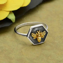 Load image into Gallery viewer, Silver Hexagon Shadow Box Ring with Bronze Bee
