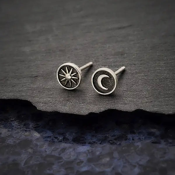 Sterling Silver Raised Sun and Moon Post Earrings 6x6mm