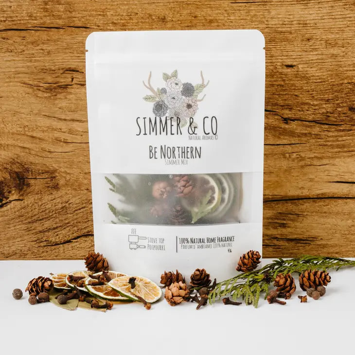 Be Northern summer mix Walk through the Northern woods on a crisp winter morning with this fresh and invigorating aroma of pine and cloves. Simmer Be Northern and fill your home with this refreshing aroma. You'll feel like your brought the fall season indoors.