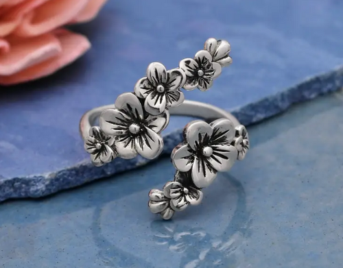 Adjustable Cherry Blossoms Ring Recycled Sterling Silver Nina Designs