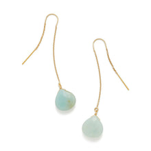 Load image into Gallery viewer, Earring threads are gold-filled or sterling silver. Amazonite stone is approximately 1.5cm long. The earring thread/chain slides through your ear and dangles in the back The length of the earring with stone is approximately 2 inches.
