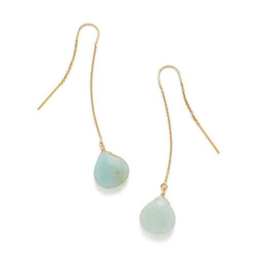 Earring threads are gold-filled or sterling silver. Amazonite stone is approximately 1.5cm long. The earring thread/chain slides through your ear and dangles in the back The length of the earring with stone is approximately 2 inches.