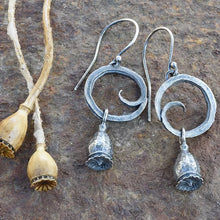 Load image into Gallery viewer, These earrings pair beautifully with the hoop charm necklace with hemlock pine cone, daffodil trumpet, and wild lily pod charms.        Details:  Material: recycled sterling silver  Finish: oxidized  Total length (including ear wire): 2 inches  Width: 3/4 inch  Ear wire backs
