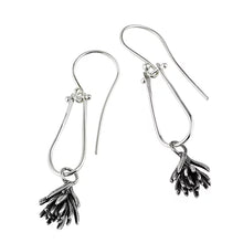 Load image into Gallery viewer, I cast these sedums in sterling silver and hung them from hinged loops. The hinges give these earrings great movement. They are comfortable and fun to wear. Choose either the longer (2 1/2 inches) or shorter (2 inches) version.     Details:  Material: recycled sterling silver  Finish: oxidized  Earring length:  2 inches  (including ear wire)  Earring width: 1/2 inch  Sterling silver handmade ear wires

