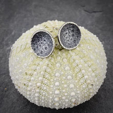 Load image into Gallery viewer, Sea Urchin Post Earrings Details: Material: recycled sterling silver Finish: oxidized Width: 1”
