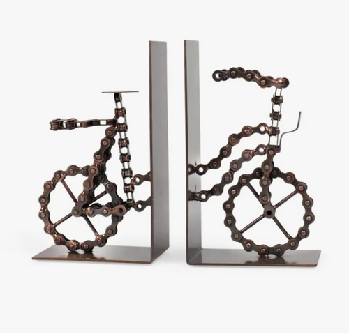 Bicycle Chain Bookends Green Tree he Bicycle Chain Bookends are handmade in India from repurposed iron bicycle chains. Bookend set of made of iron sheet metal and repurposed iron bicycle chains - 2 pieces - Each piece measures 4Lx2.5Wx7H inches - Handmade in India