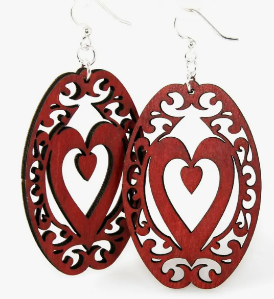 Decorative Heart Oval Earrings Cherry Red Green Tree