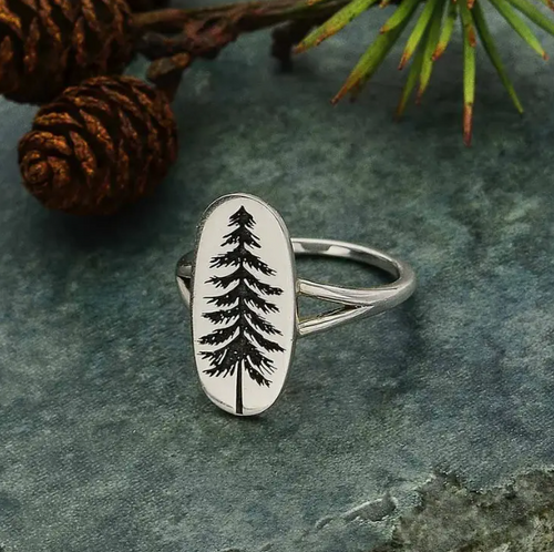 Etched Pine Tree Ring Recycled Sterling Silver Nina Designs