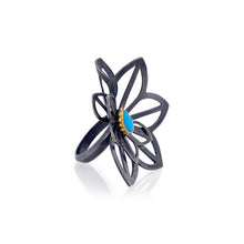 Load image into Gallery viewer, One-of-a-kind Double anise fold ring with turquoise, sterling silver and 22k gold. 1 3/4″ x 1 1/4″.
