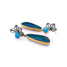 Load image into Gallery viewer, One-of-a-kind turquoise an opal doublet origami earrings in oxidized sterling silver with 22k gold bezels an 18k gold ear posts and backs. 1 3/4″ L x 1/2″W. Materials: Oxidized sterling Silver 22 karat Gold bezels 18 karat Gold ear posts and backs
