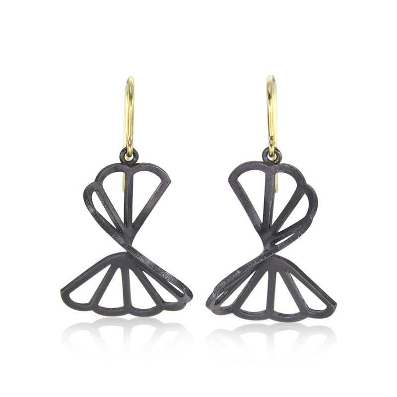 Our Cloud Fold Earrings have oxidized sterling silver sculptural dangles hanging from 18K yellow gold French wires.  1.5