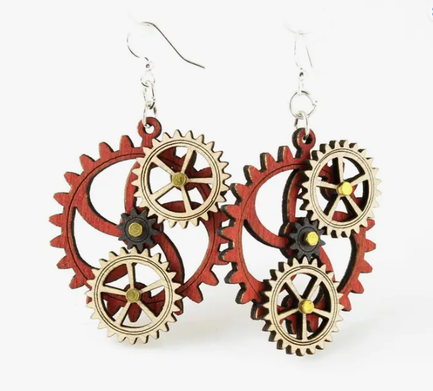 Kinetic Gear Earrings 5D Wine Black Satin Green Tree