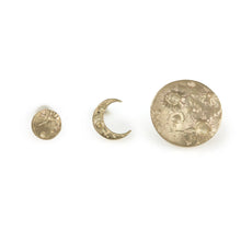 Load image into Gallery viewer, Tiny Moon studs are perfect for everyday wear. 14k gold moons with crater/moon texture. Standard post &amp; ear nut, all solid 14k gold  Tiny stud, 5mm across  Handmade in Sonoma county using responsibly sourced materials
