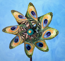 Load image into Gallery viewer, Pinwheel Wind Spinner Whirligig Windmill Fan Blue Peacock Paper Arboretum
