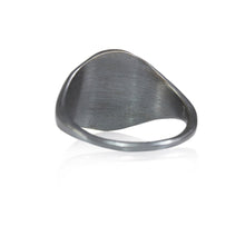 Load image into Gallery viewer, Three black diamonds shimmer on this slightly domed &amp; textured moon, bringing a little light in the darkest of nights. The narrow ring shank on the back of the ring makes it oh-so-easy to wear and the smooth solid interior of the ring is very comfortable and makes for a great everyday wear ring. • Solid sterling silver • 3 black diamonds, 1.3mm, 1.5mm, 1.8mm, total .05 carat weight • Available in a size 4-10 Moon is 13mm across. Ring is just a touch over 1/2” at it’s tallest point.
