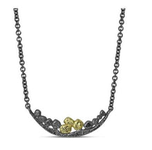 Load image into Gallery viewer, Our wavy bar necklace is evocative of a curving river with an array of signature pebbles created in 18k yellow gold and oxidized sterling silver.  Wear alone or layer with one of our longer chain necklaces!  Metals: 18k yellow gold and oxidized sterling silver  Dimensions: 30 mm wide Chain length: 16”
