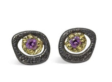 Load image into Gallery viewer, Organic shaped open pebble earrings with violet amethysts. The perfect everyday pair!   Metals: Oxidized sterling silver and 18k yellow gold Stones: Amethyst  (0.16ct) Dimensions: 7mm x 8mm

