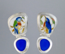 Load image into Gallery viewer, Gorgeous Japanese blue birds hand-cut from a vintage porcelain tea pot are set in these hinged post earrings of sterling and fine silver with azure blue frosted hand-cut glass.  1 3/4” long x 1/2” wide
