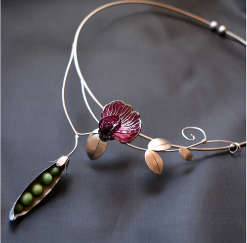 Magnolia and peapod necklace, plastic, stainless steel , handmade