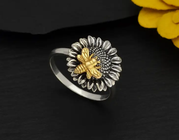 Sterling Silver Sunflower Ring with Bronze Bee