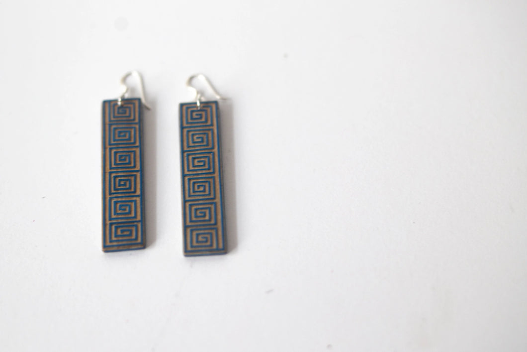 Handmade wood wheat veneer earrings Blue Rectangles