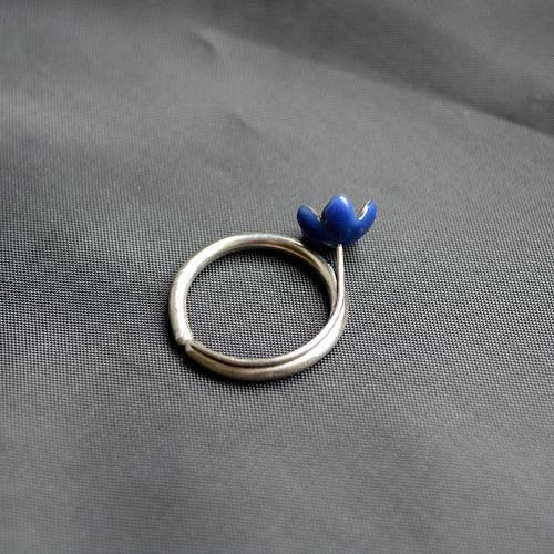 Eco friendly blue bell ring, handmade, plastic, stainless steel, recycled material 