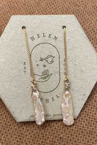 Biwa Pearl Threader Earrings , 14k gold