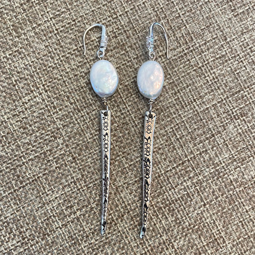 freahwater prarl and fork tine upcycled earrings. hand made hand stanped. sterling silver one of a kind jewerly local 