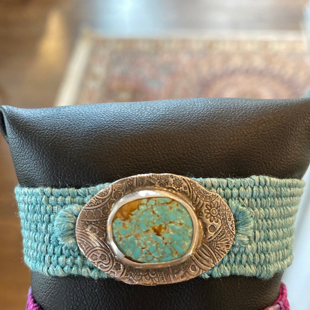 – Hand-Loomed Turquoise Silk Yarn with SS Handmade End Caps, Swivel Lobster Claw Clasp and 2” Chain Extender and SS Oval Charm with Bezel Set Turquoise Gemstone
